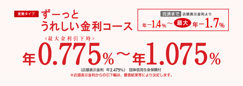 �ϓ��^�C�v ���[���Ƃ��ꂵ�������R�[�X�@���ς܂œX���\��������� �N-1.4%�`�ő�N-1.7% ���ő�������������N0.775%�`�N1.075%�i�X���\������ �N2.475%�j�c�̐M�p�����ی��t�@���X���\����������̈������́A�R�����ʓ��ɂ�茈�肵�܂��B